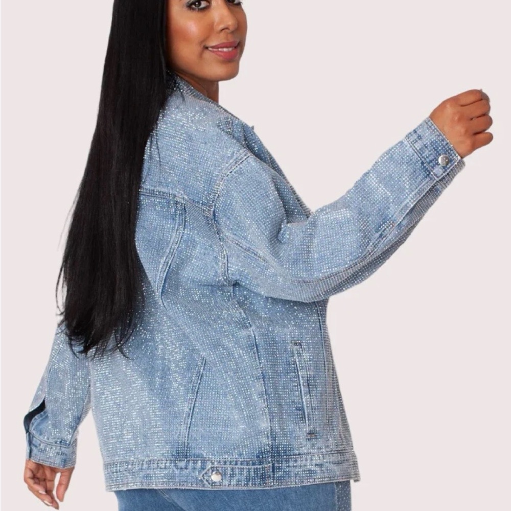 For Her Crystal Embellished Oversized Denim Jacket! BNWT L - Picture 2 of 3